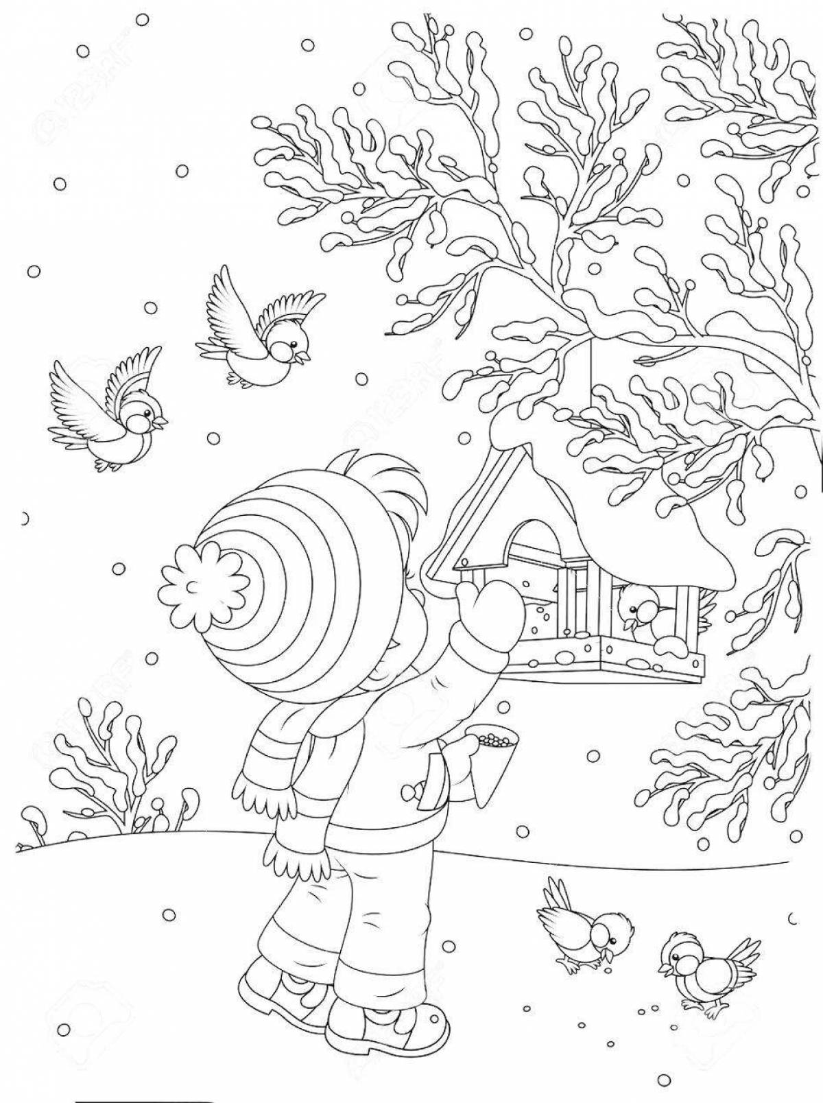 Fluttering wintering birds at the feeder