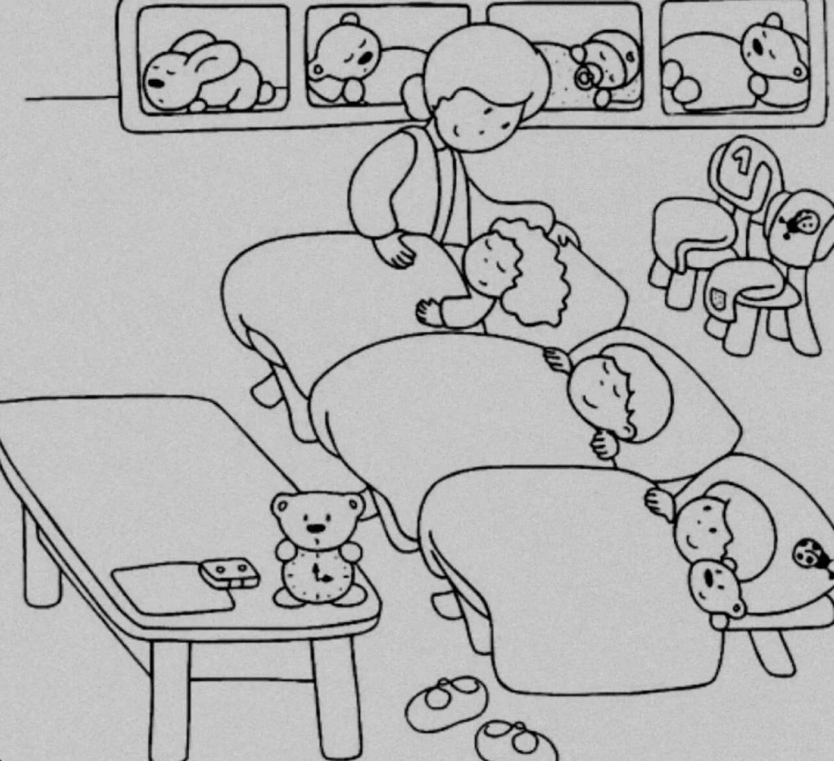 Animated coloring book children in kindergarten