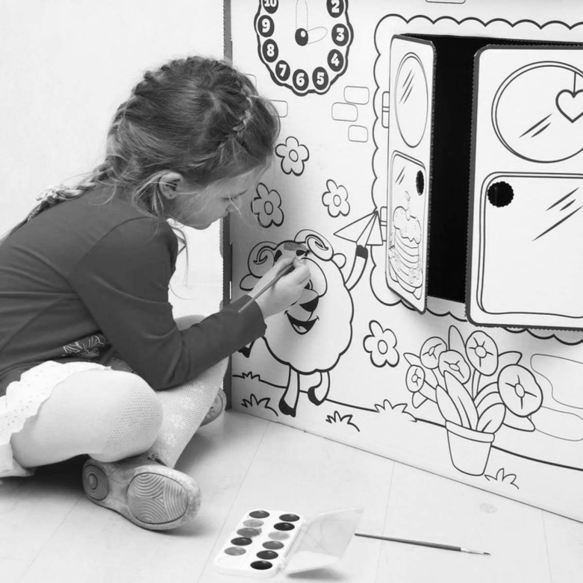 Colour-filled cardboard house coloring page