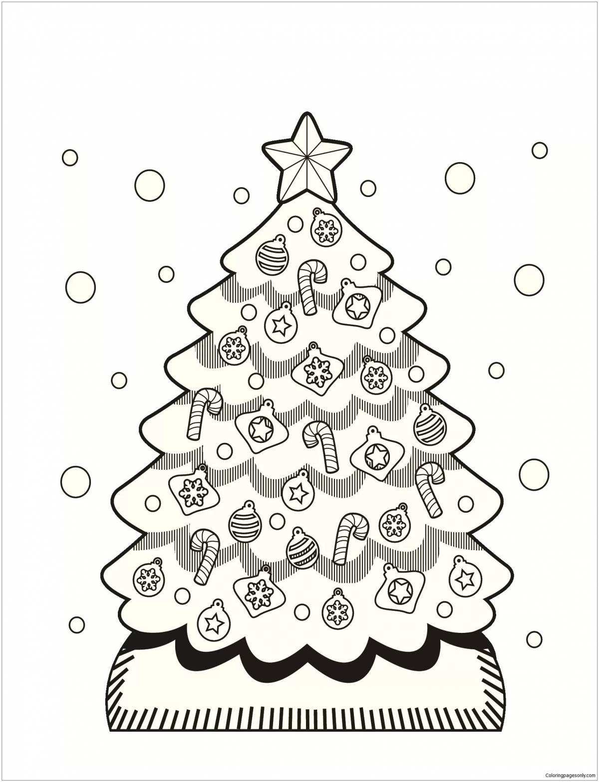 Украшенная раскраска рождественская елка для детей
