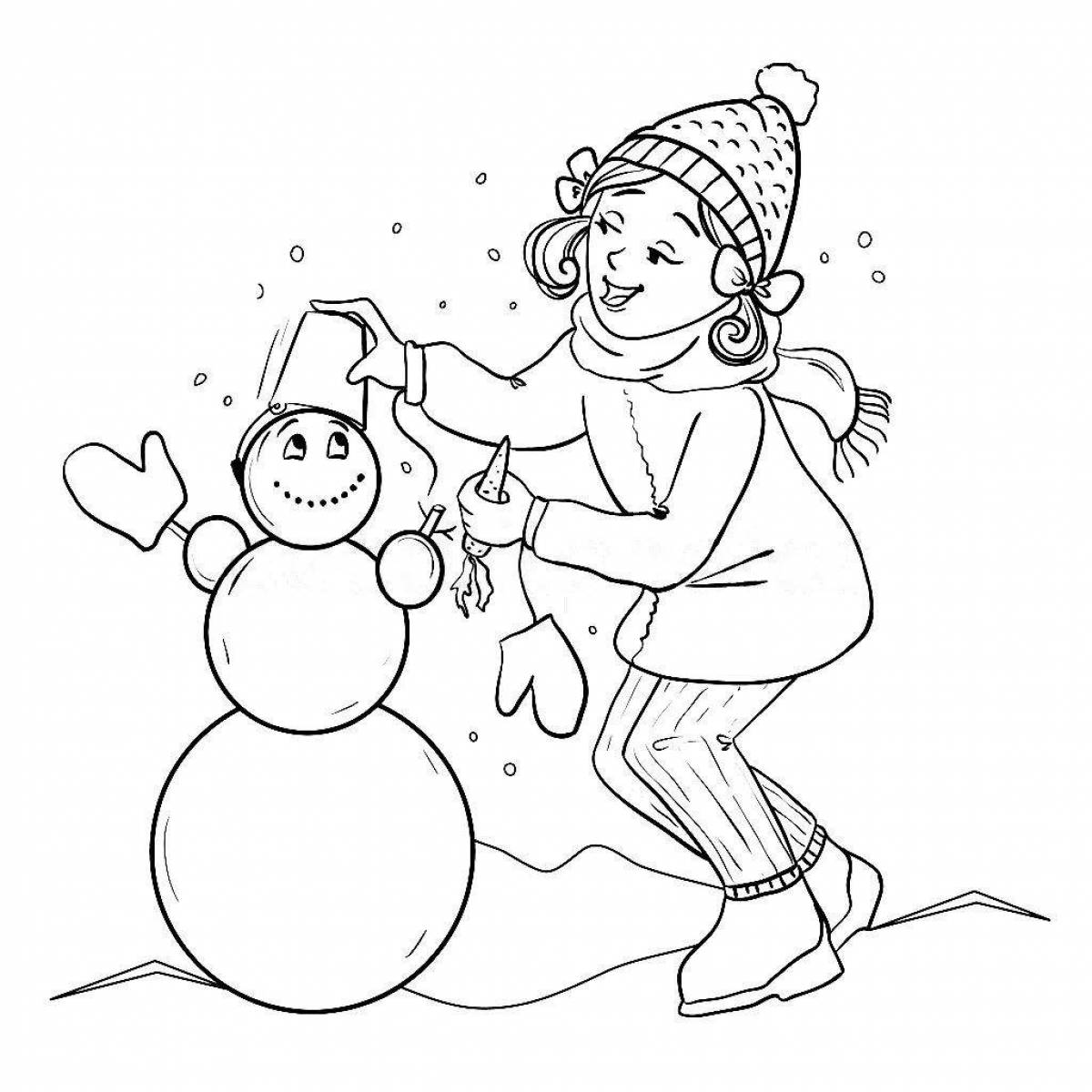 Веселая раскраска снеговик для детей
