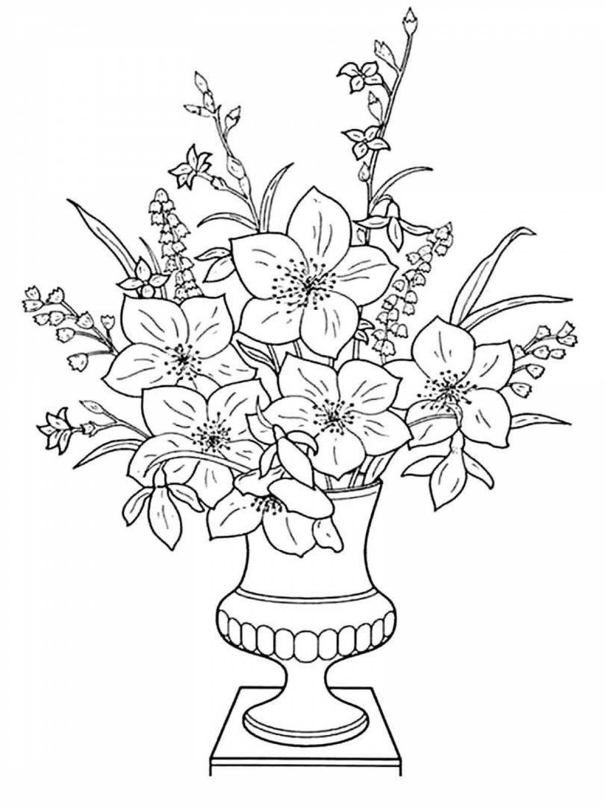 Exquisite bouquet of flowers in a vase coloring book