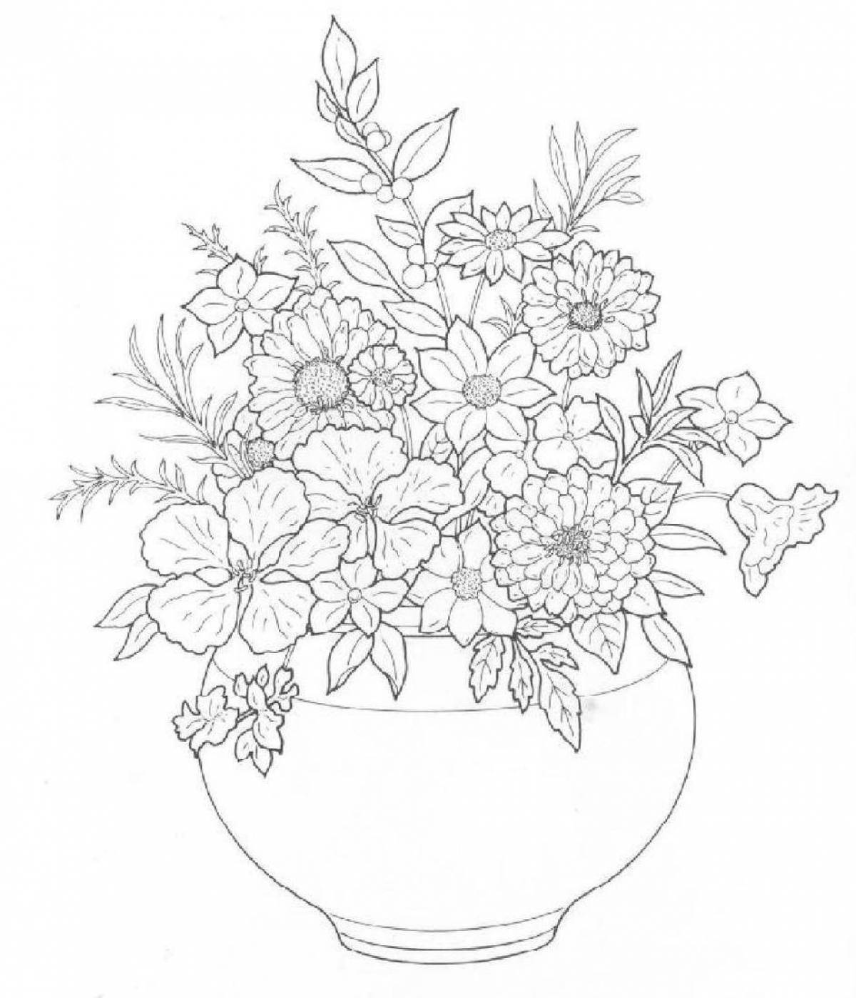 Colorful bouquet of flowers in a vase coloring book