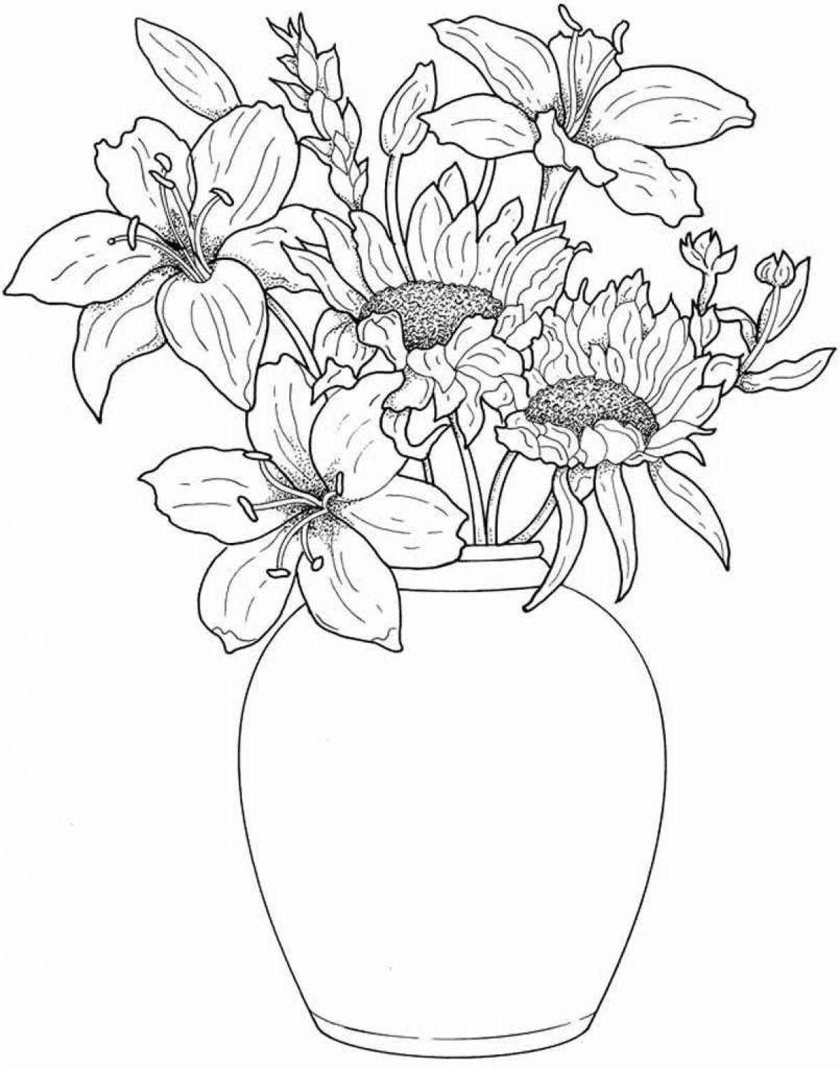 Очаровательный букет цветов в вазе раскраска
