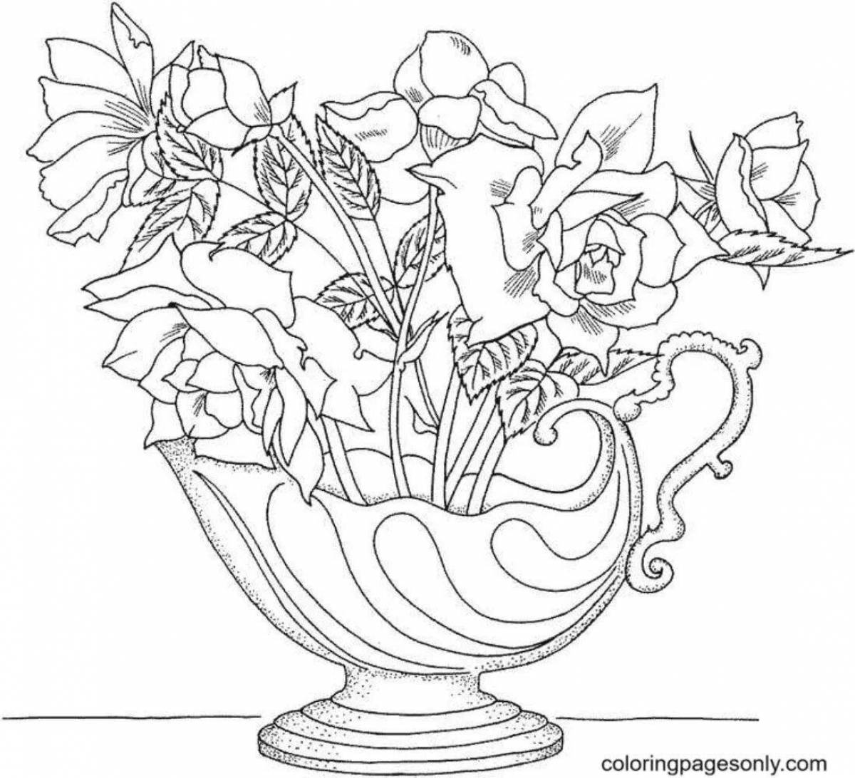 Coloring page exotic bouquet of flowers in a vase