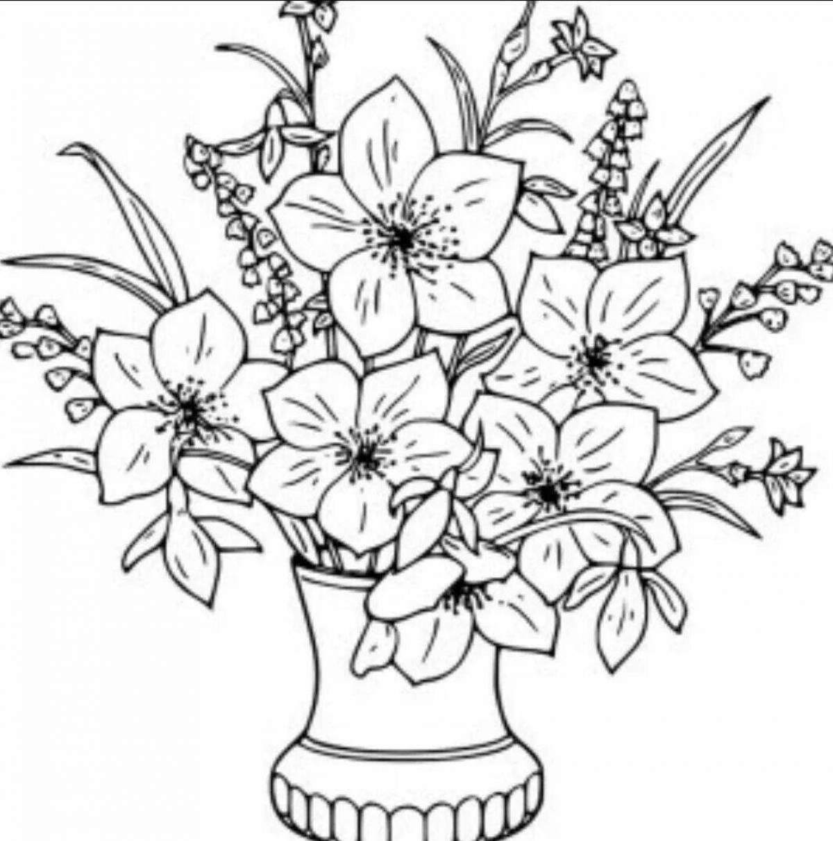 Serene bouquet of flowers in a vase coloring book