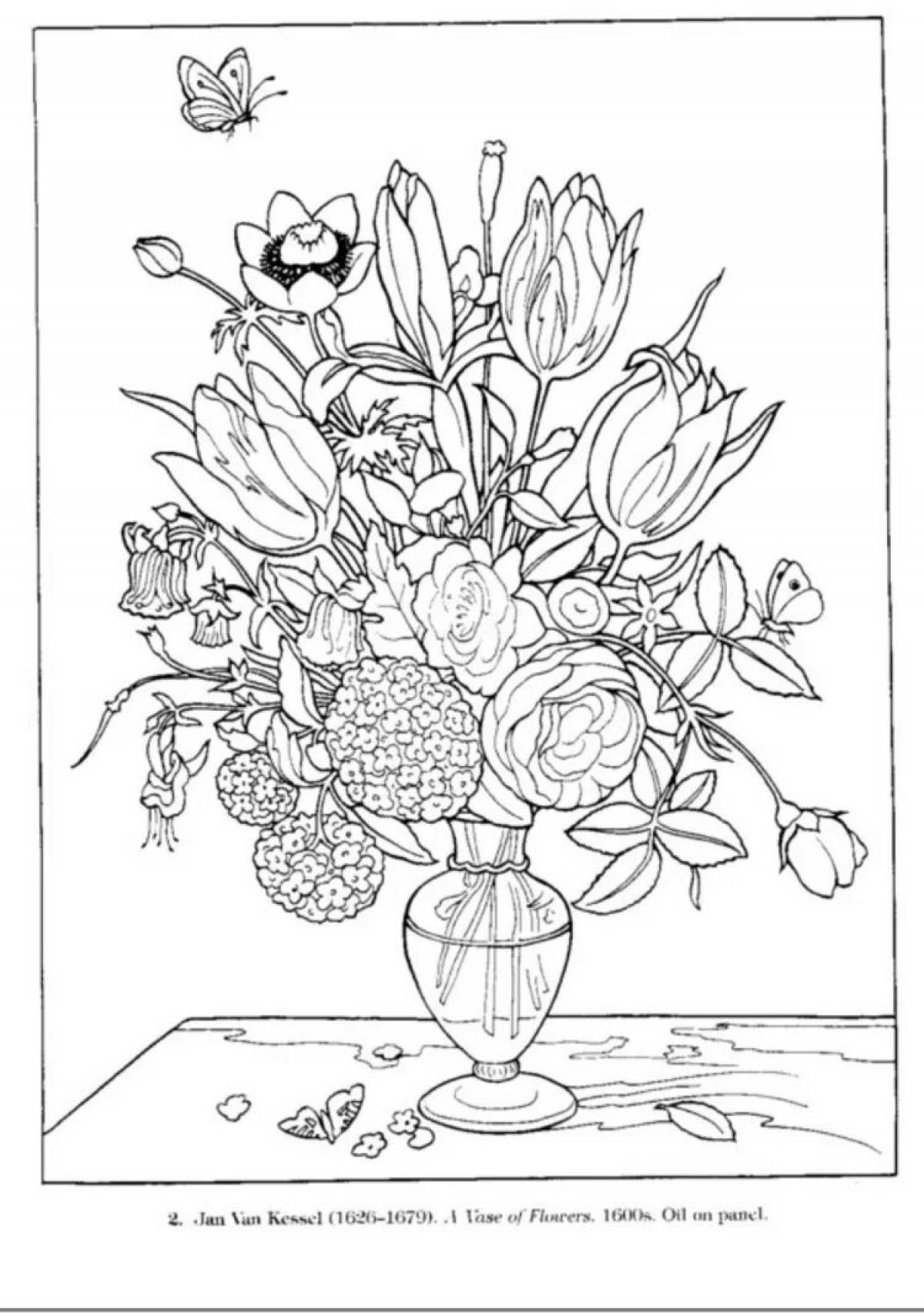 Coloring book a fascinating bouquet of flowers in a vase