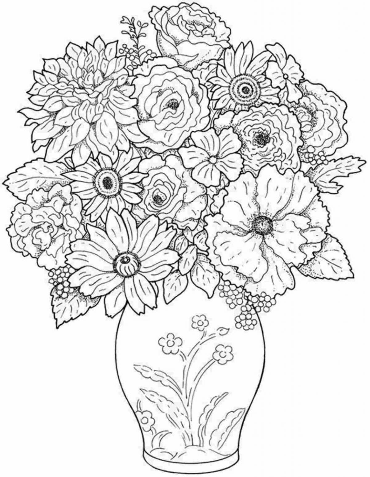 Coloring book glowing bouquet of flowers in a vase