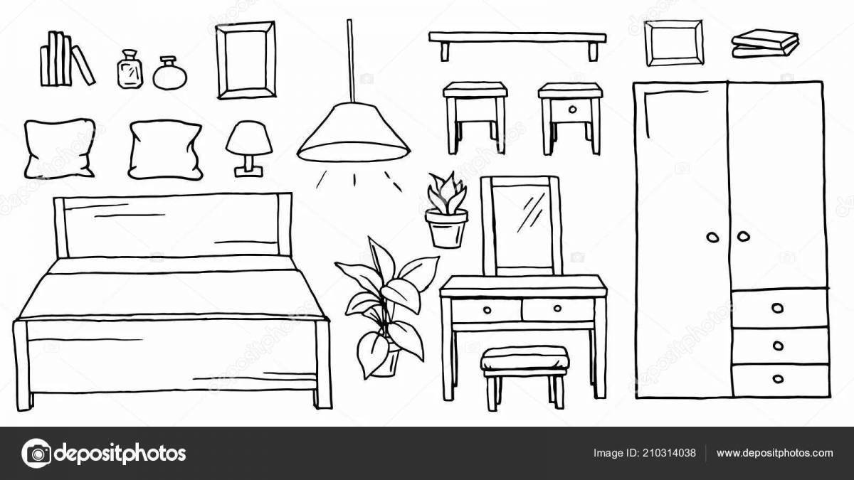 Coloring pages for kids with playful interior items