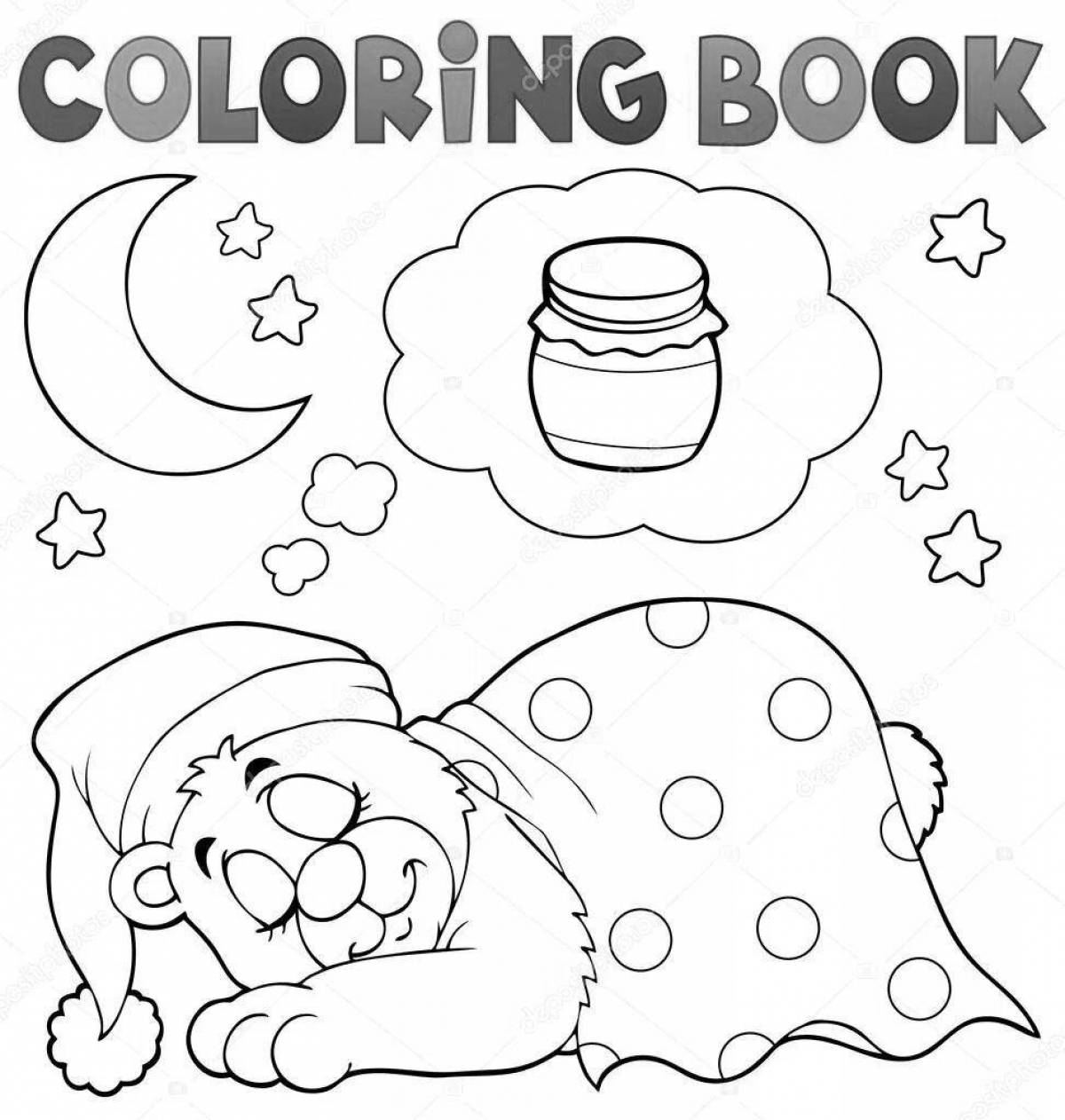 Relaxed coloring bear sleeping in a den