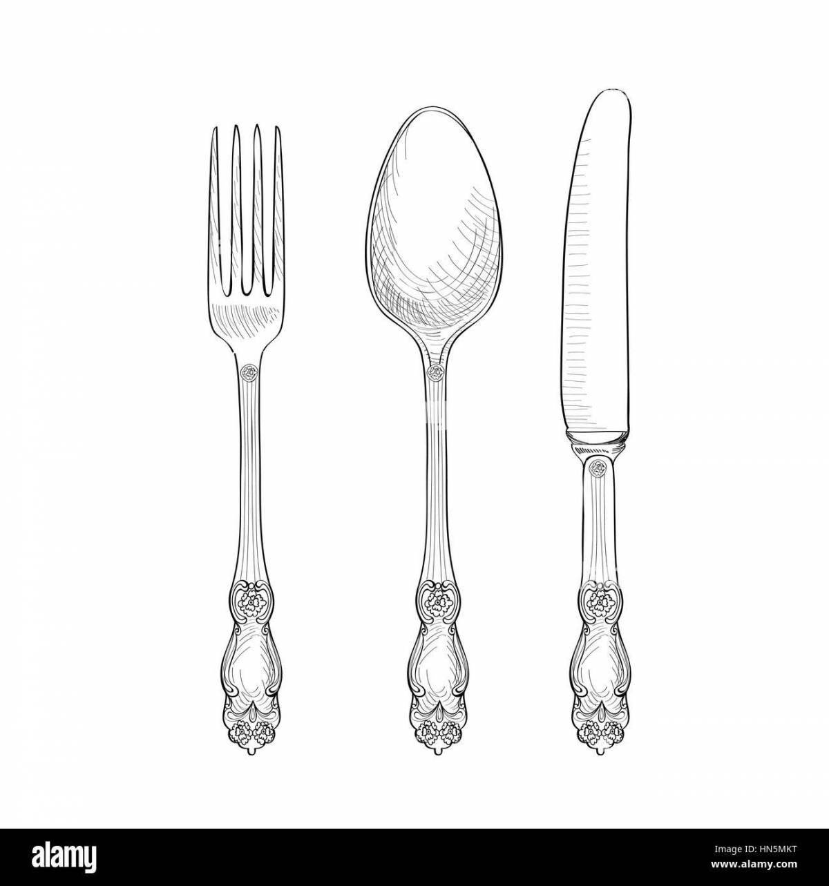 Animated cutlery coloring page for kids