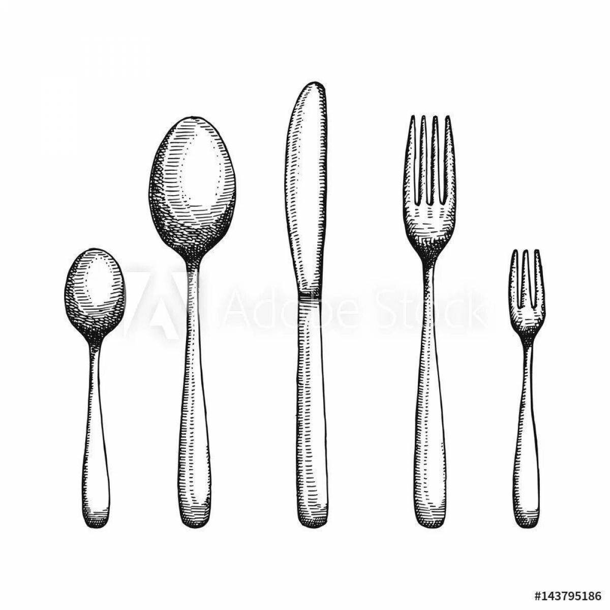 Colorful cutlery coloring pages for kids