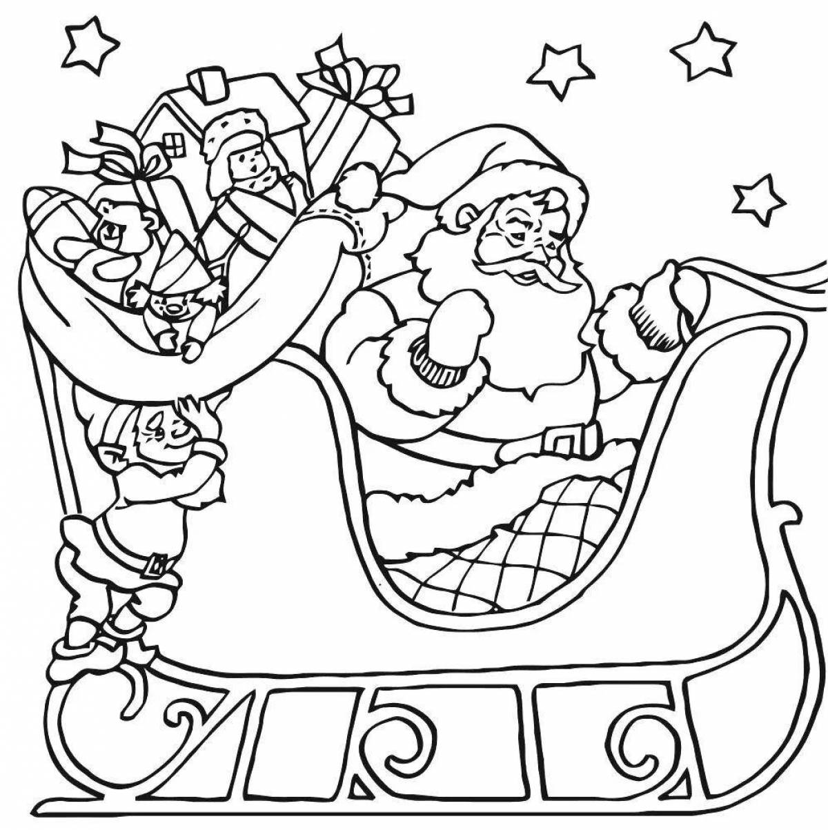 Coloring page happy santa claus on sleigh
