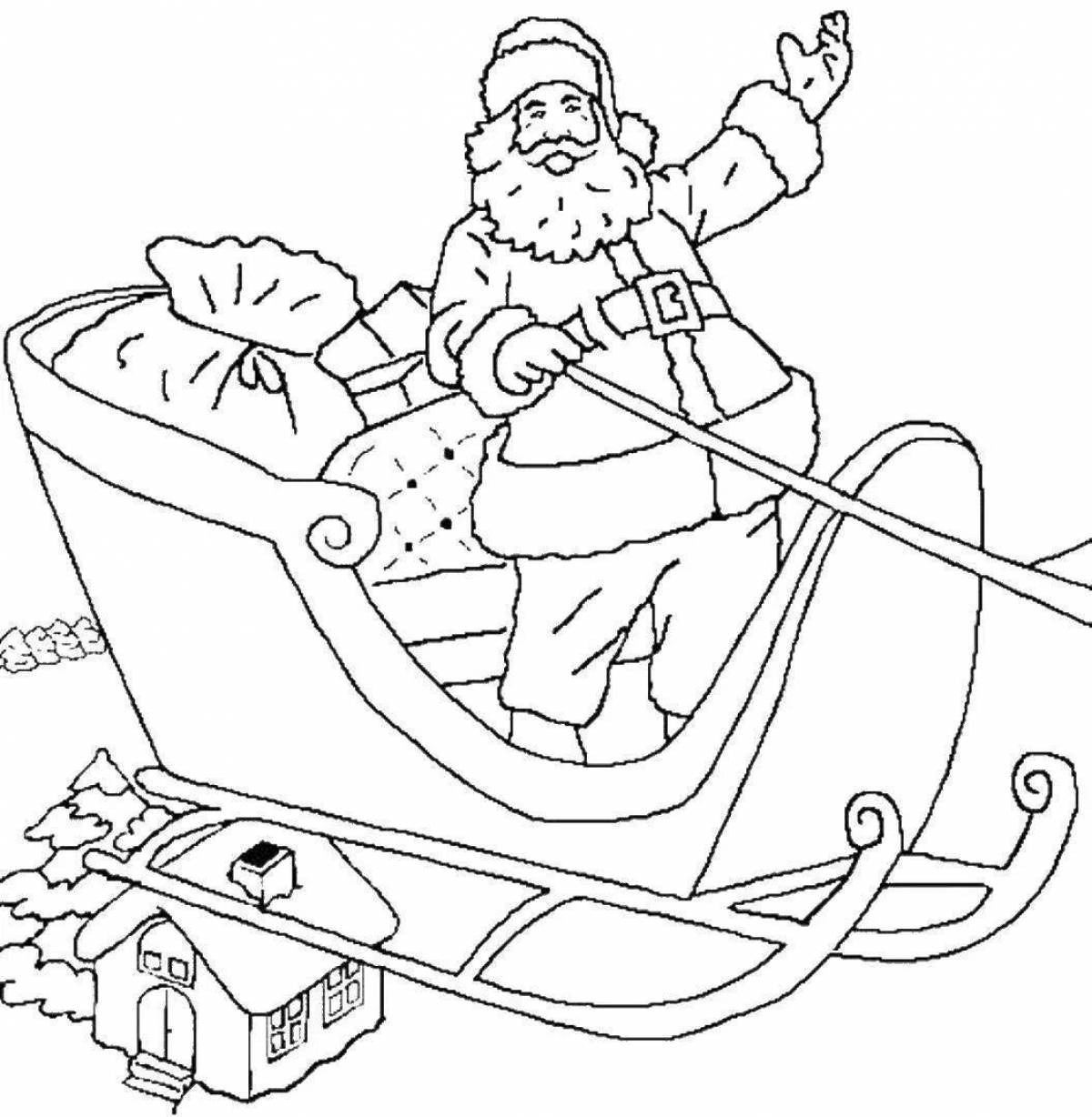 Coloring page festive Santa Claus on a sleigh