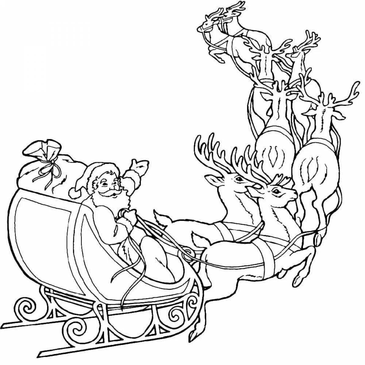 Coloring book cheerful Santa Claus on a sled