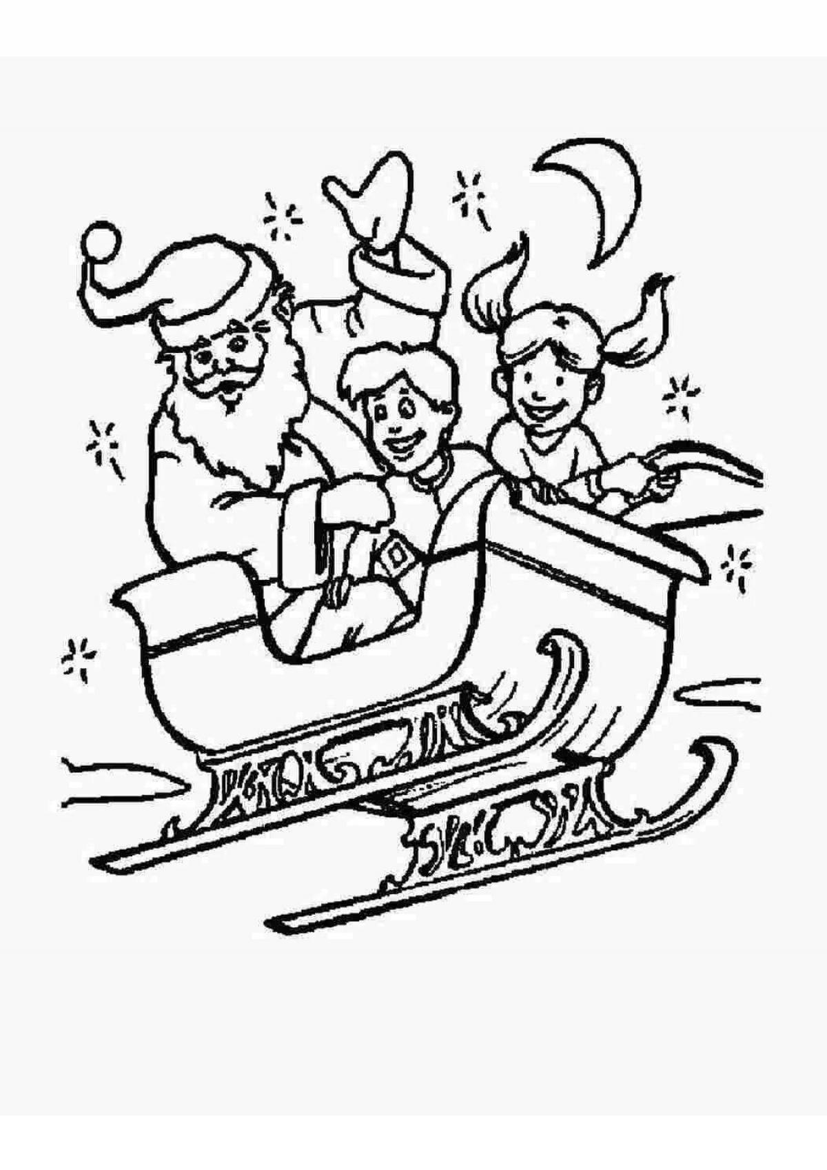 Colorful santa claus on sleigh coloring book