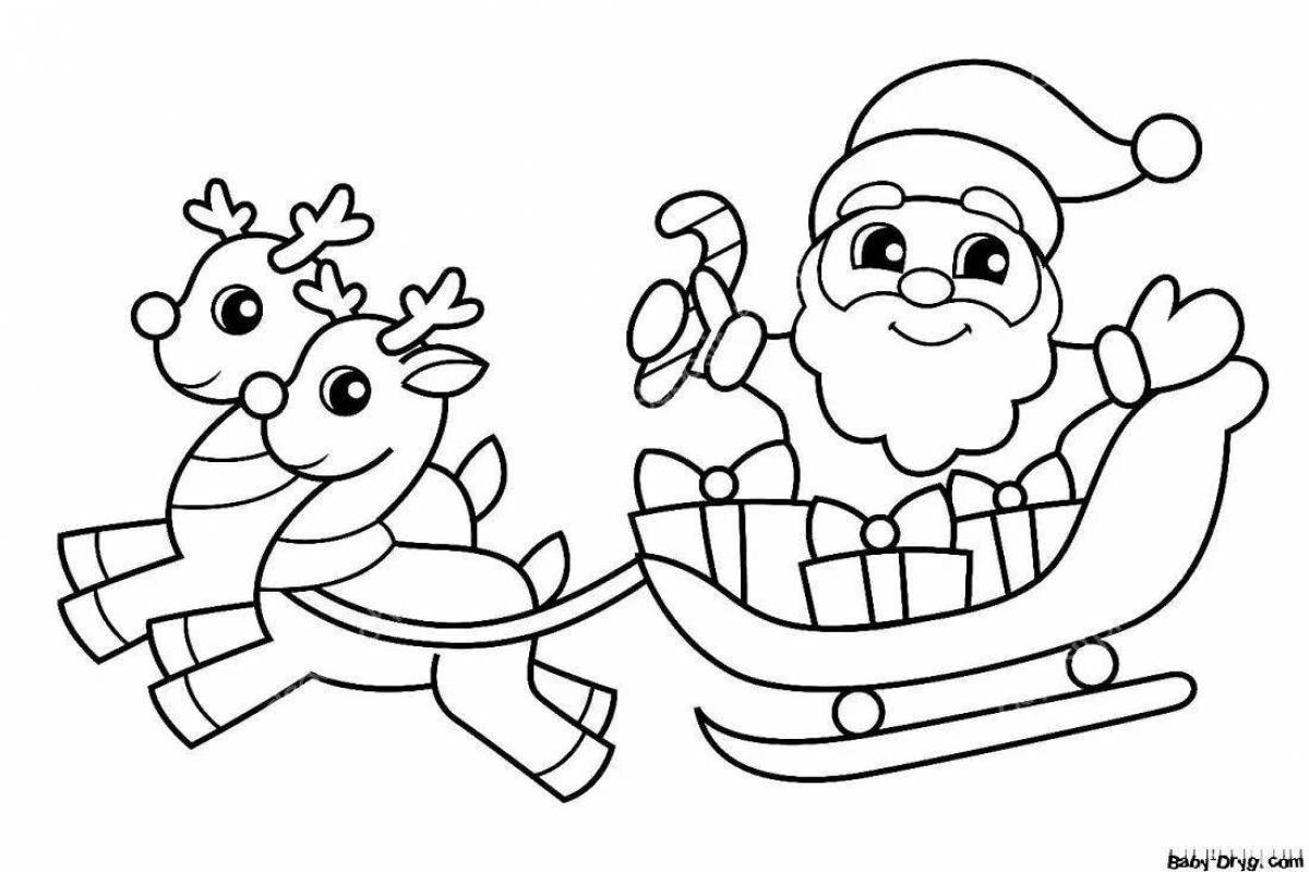 Coloring book shining Santa Claus on a sleigh