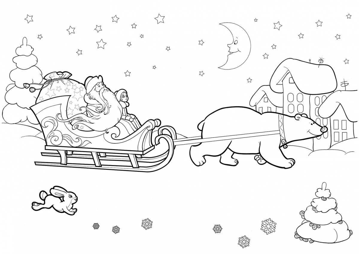 Coloring page cheerful santa claus on a sleigh