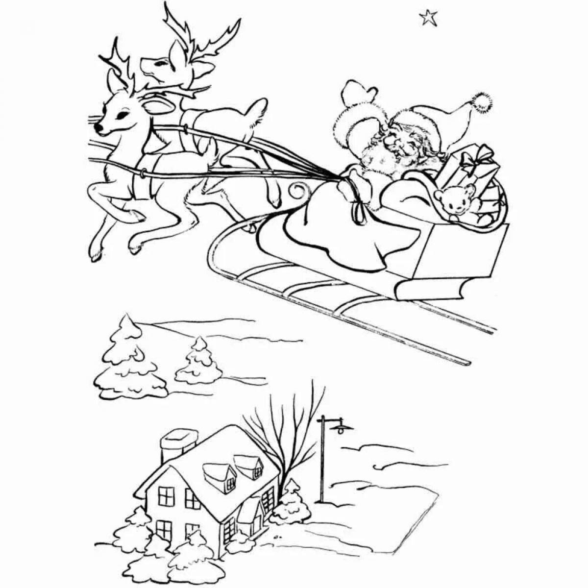 Coloring page playful Santa Claus on a sled