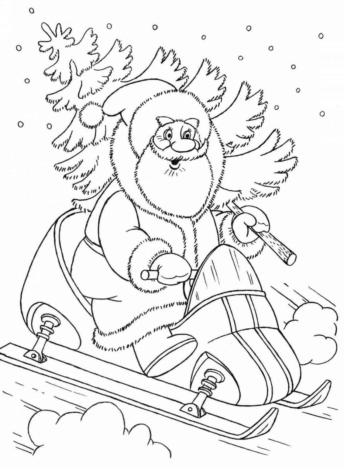Animated santa claus on sleigh coloring book