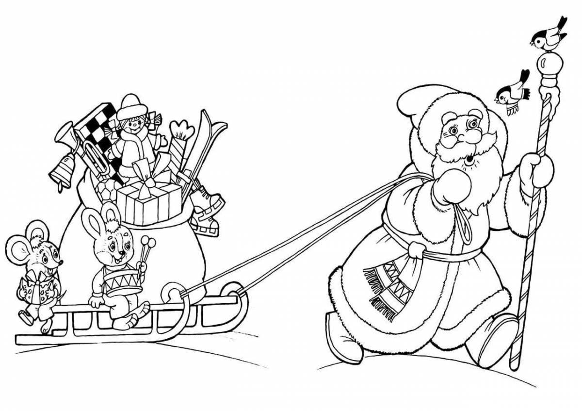 Colouring fairy tale santa claus on a sleigh