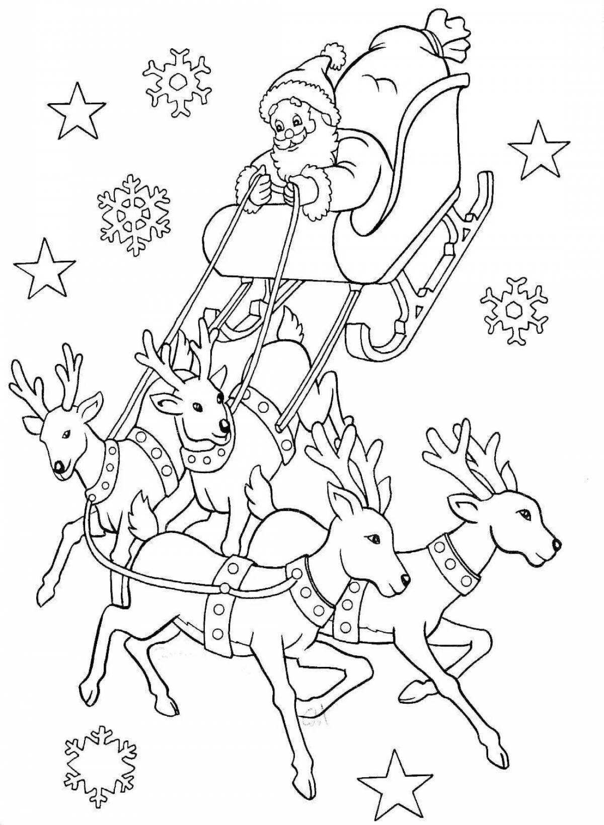 Coloring page stylish Santa Claus on a sleigh