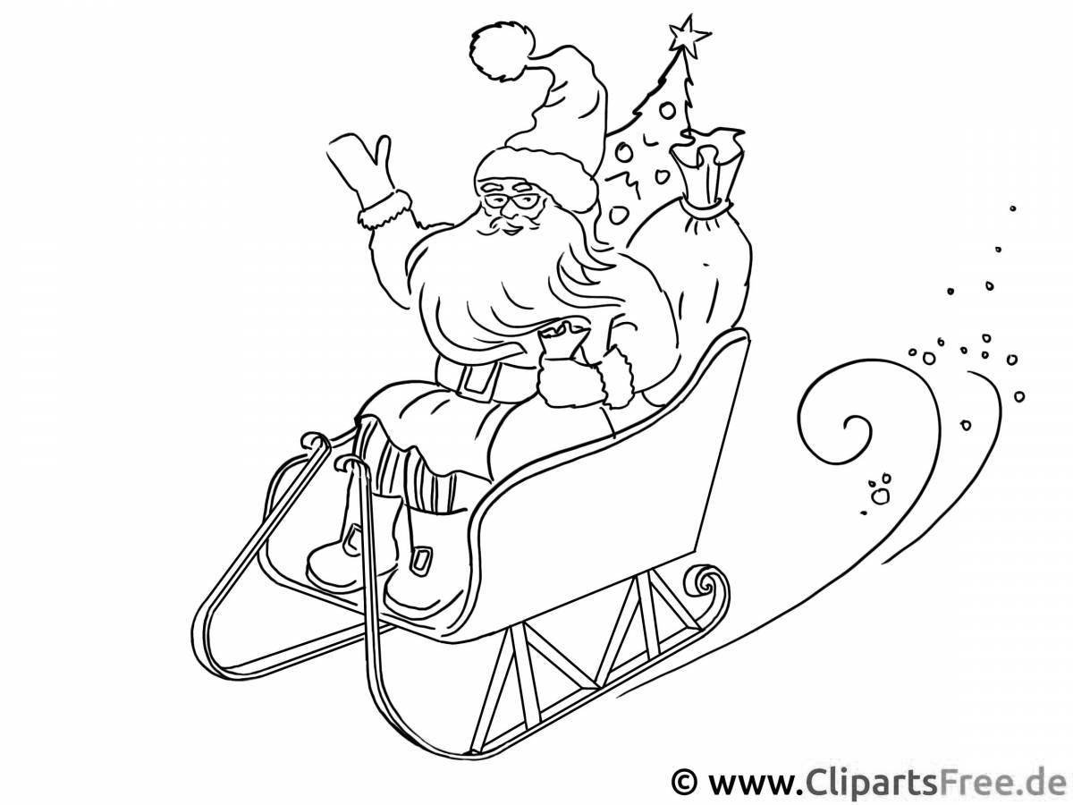 Charming santa claus on sleigh coloring book