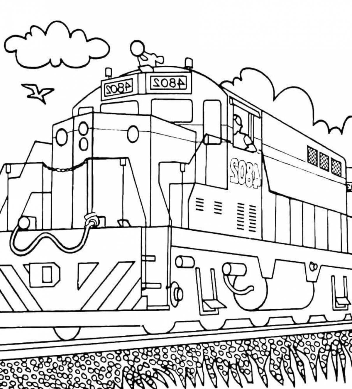 Яркая страница раскраски грузового поезда для детей