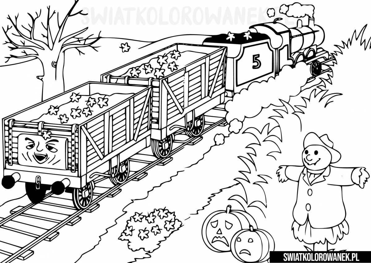 Радостная страница раскраски грузового поезда для детей