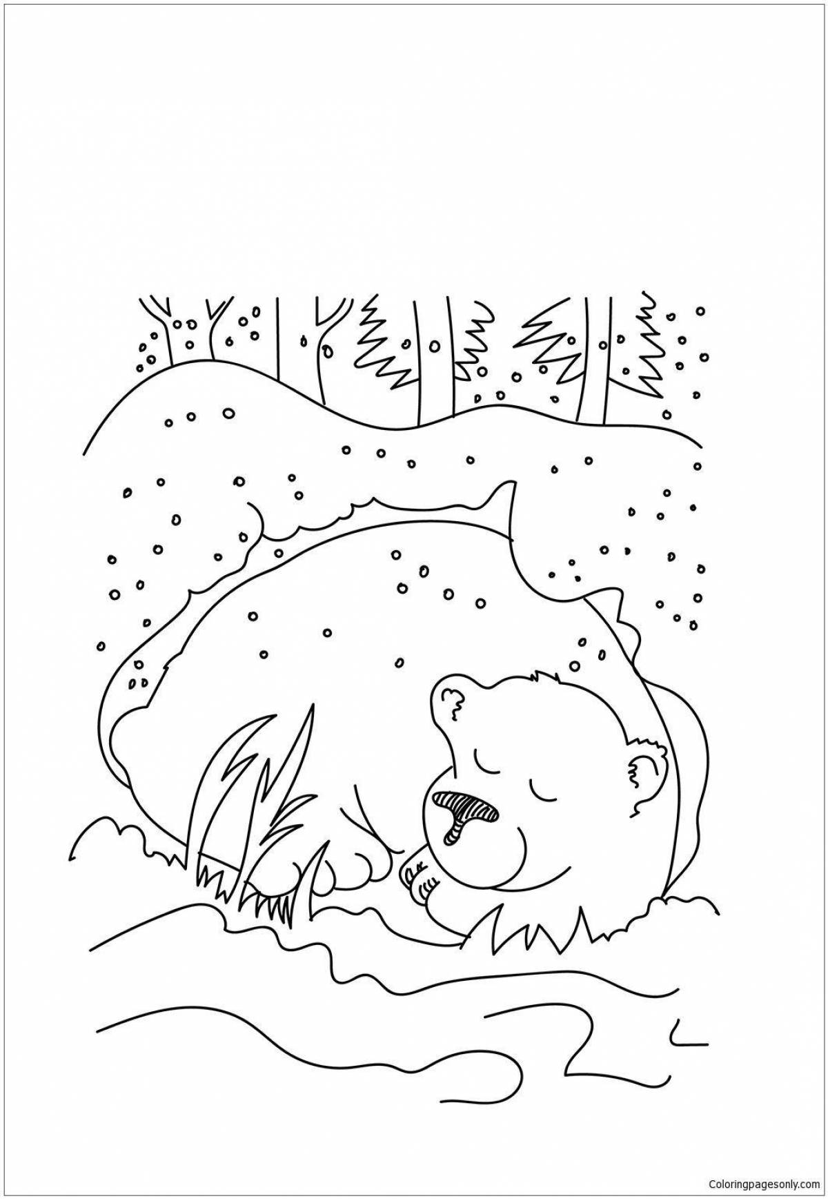 Sleeping coloring book sleeping bear in a den