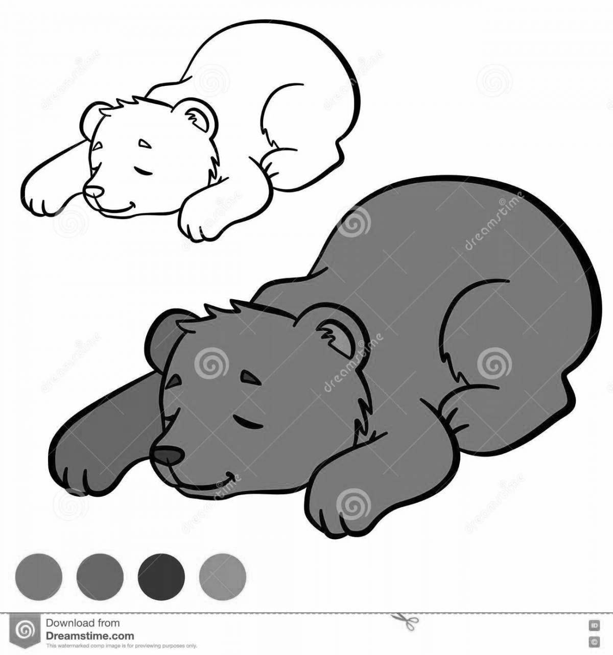 Lounging coloring book sleeping bear in a den