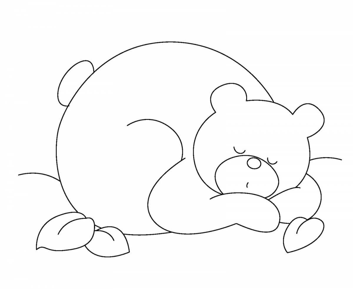 Cuddled coloring page sleeping bear in a den
