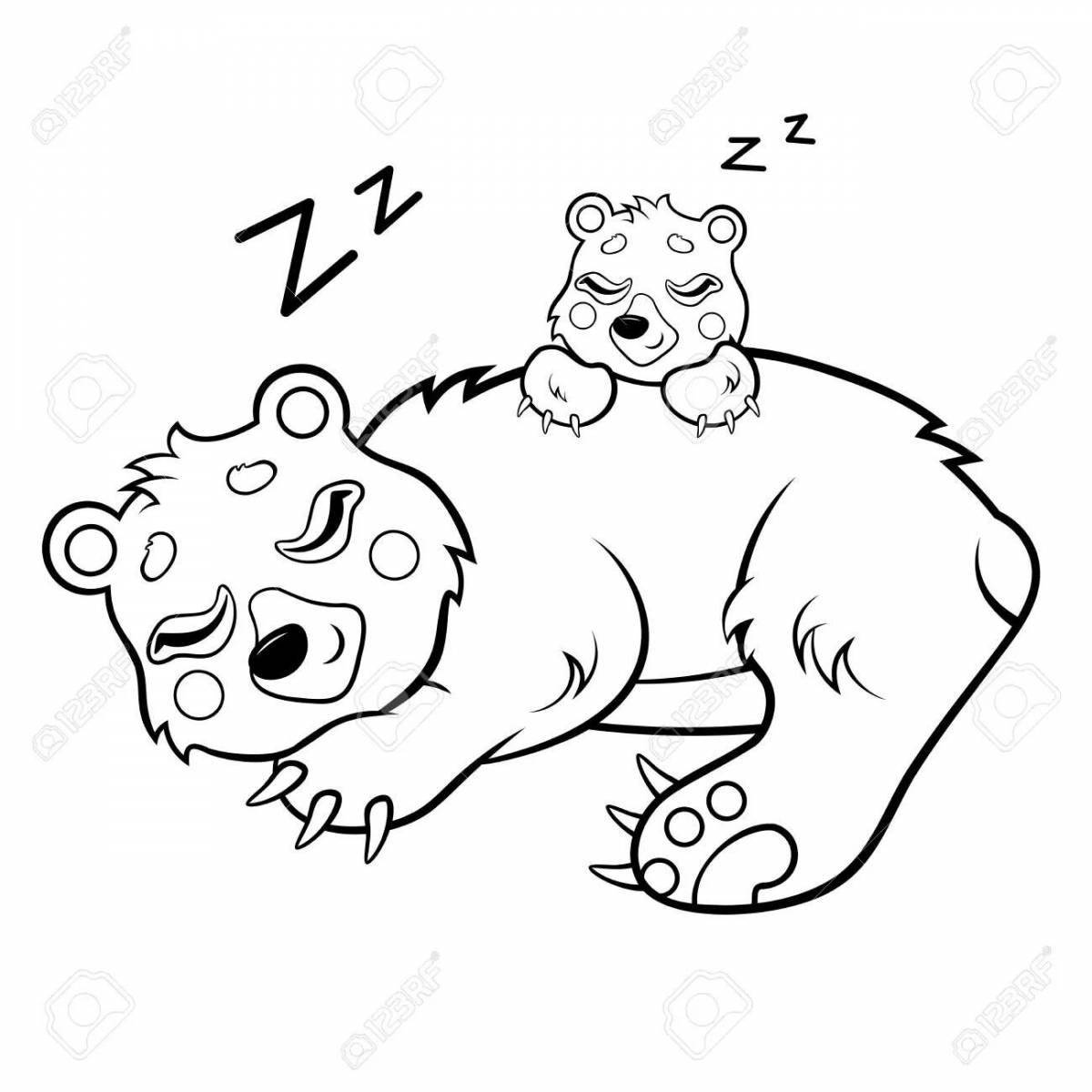 Snoozy bear sleeping in a den coloring page