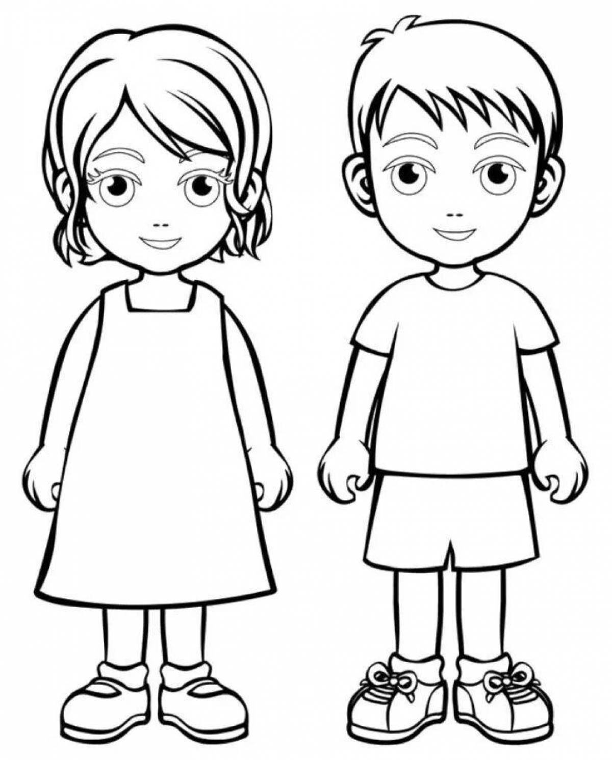 Joyful coloring drawing of a girl and a boy