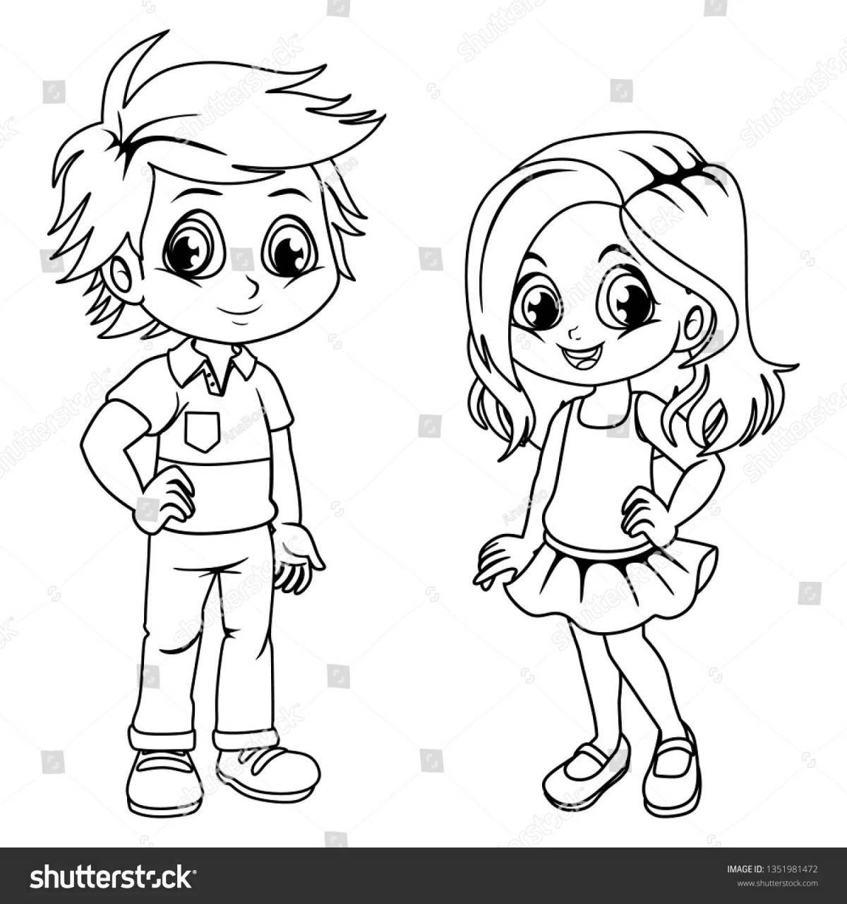 Playful coloring girl and boy drawing