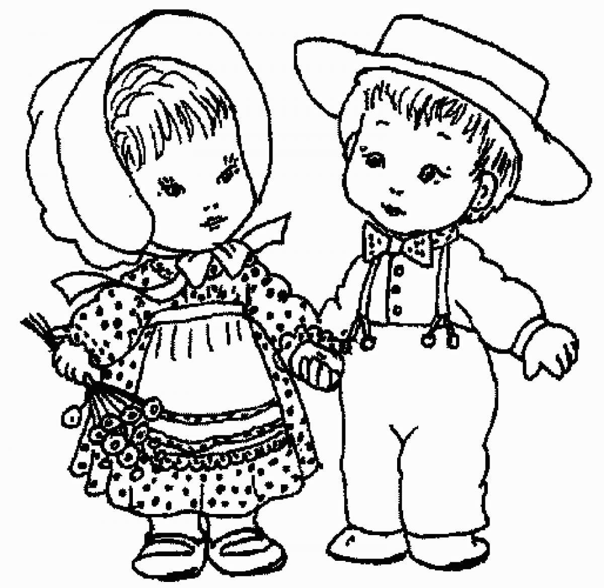 Bright coloring drawing of a girl and a boy