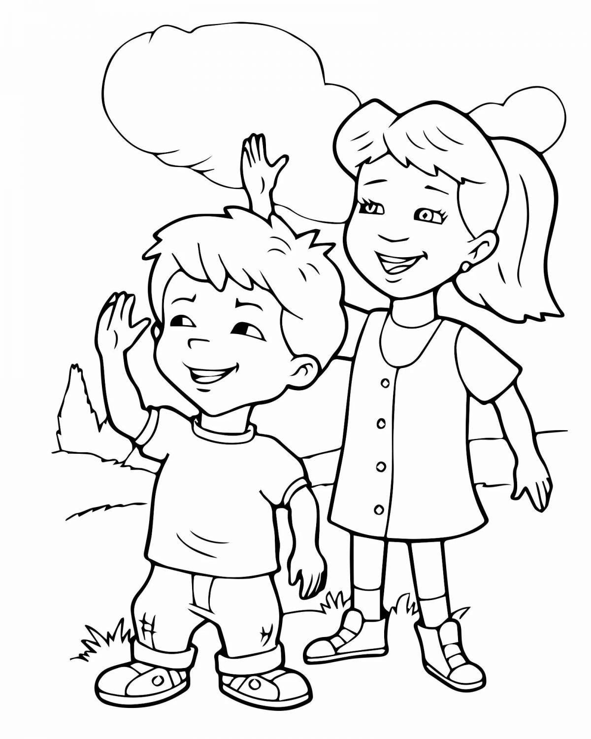 Colorful coloring drawing of a girl and a boy