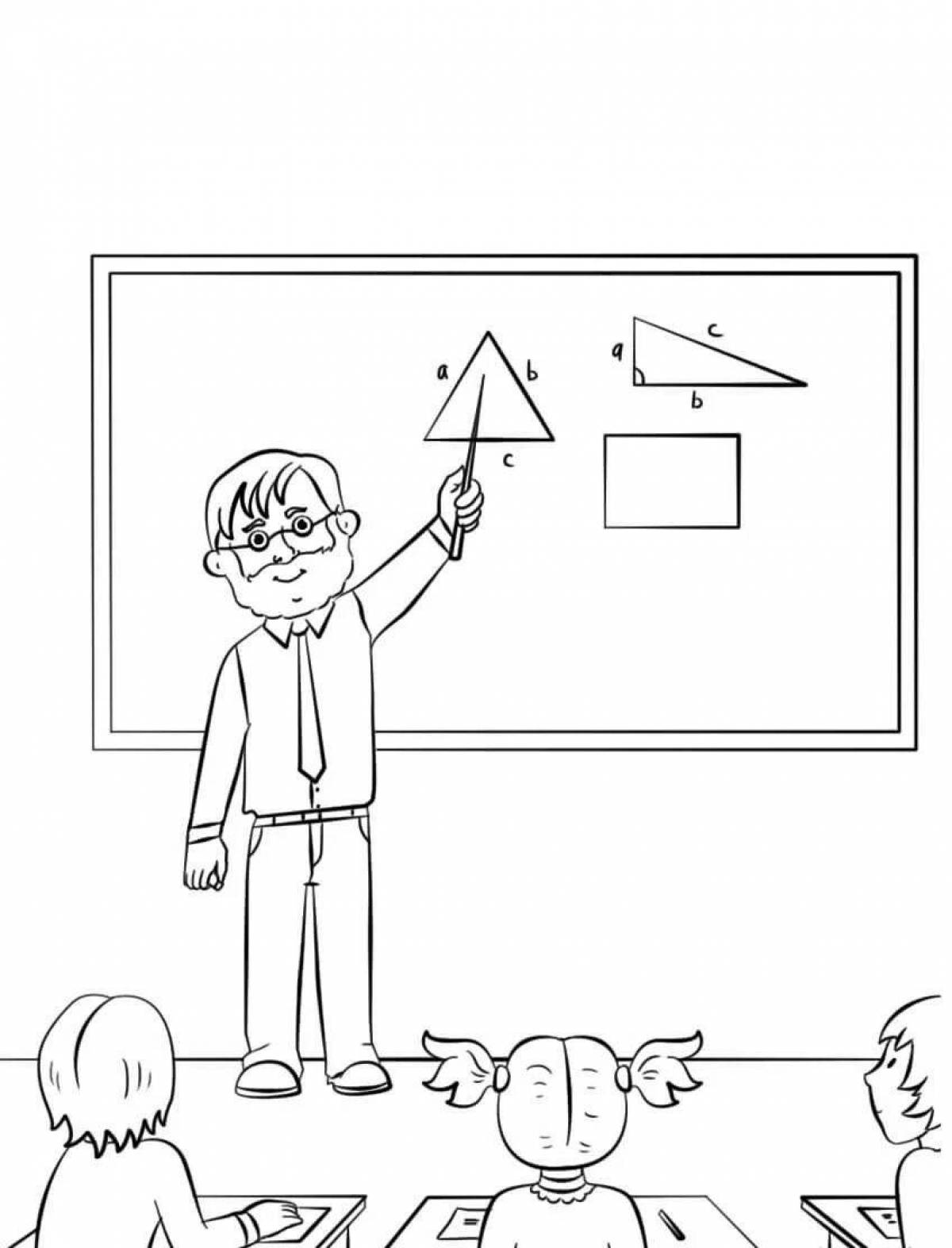 Joyful teacher at the blackboard with a pointer