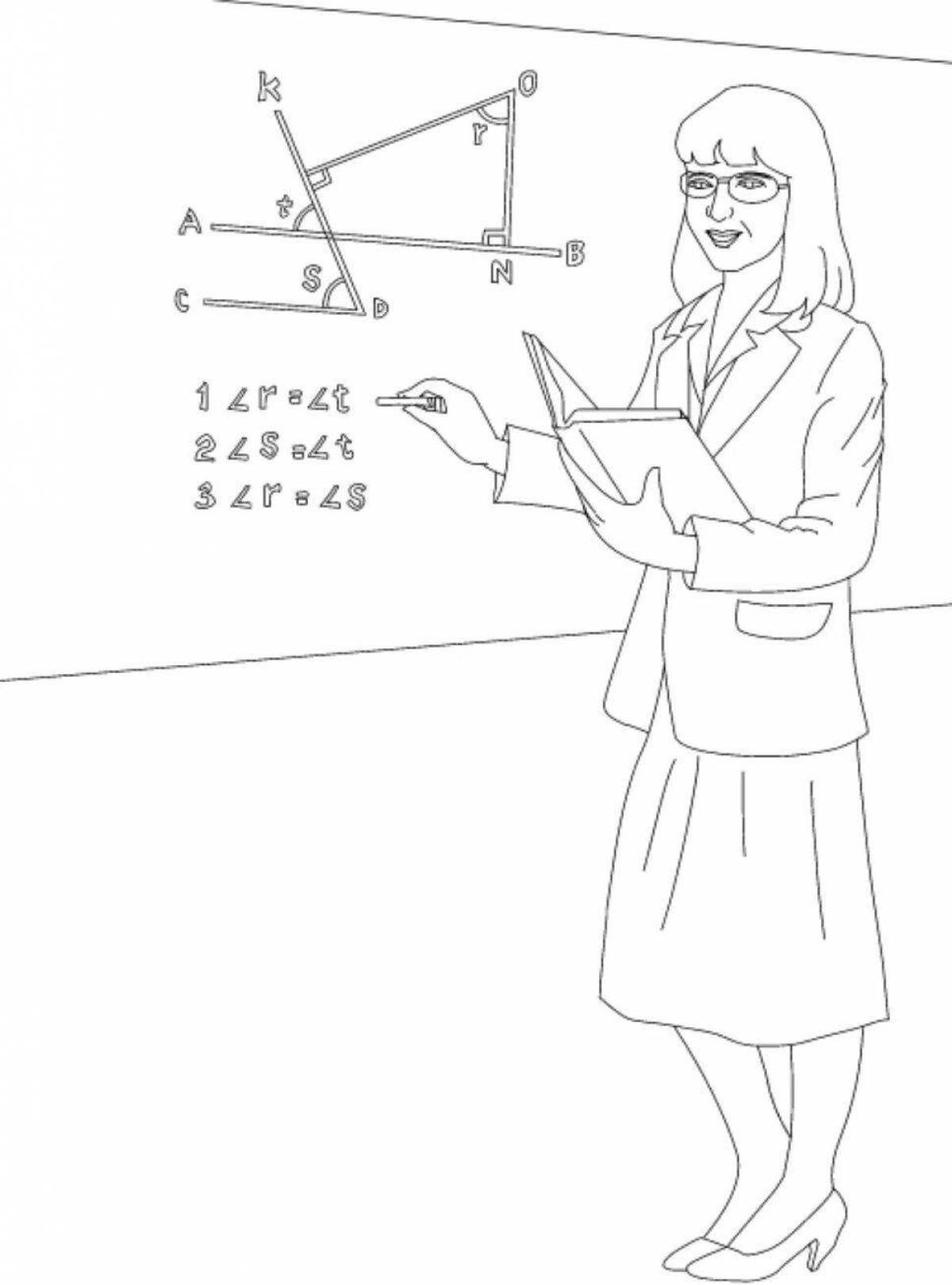 Energetic teacher at the blackboard with a pointer