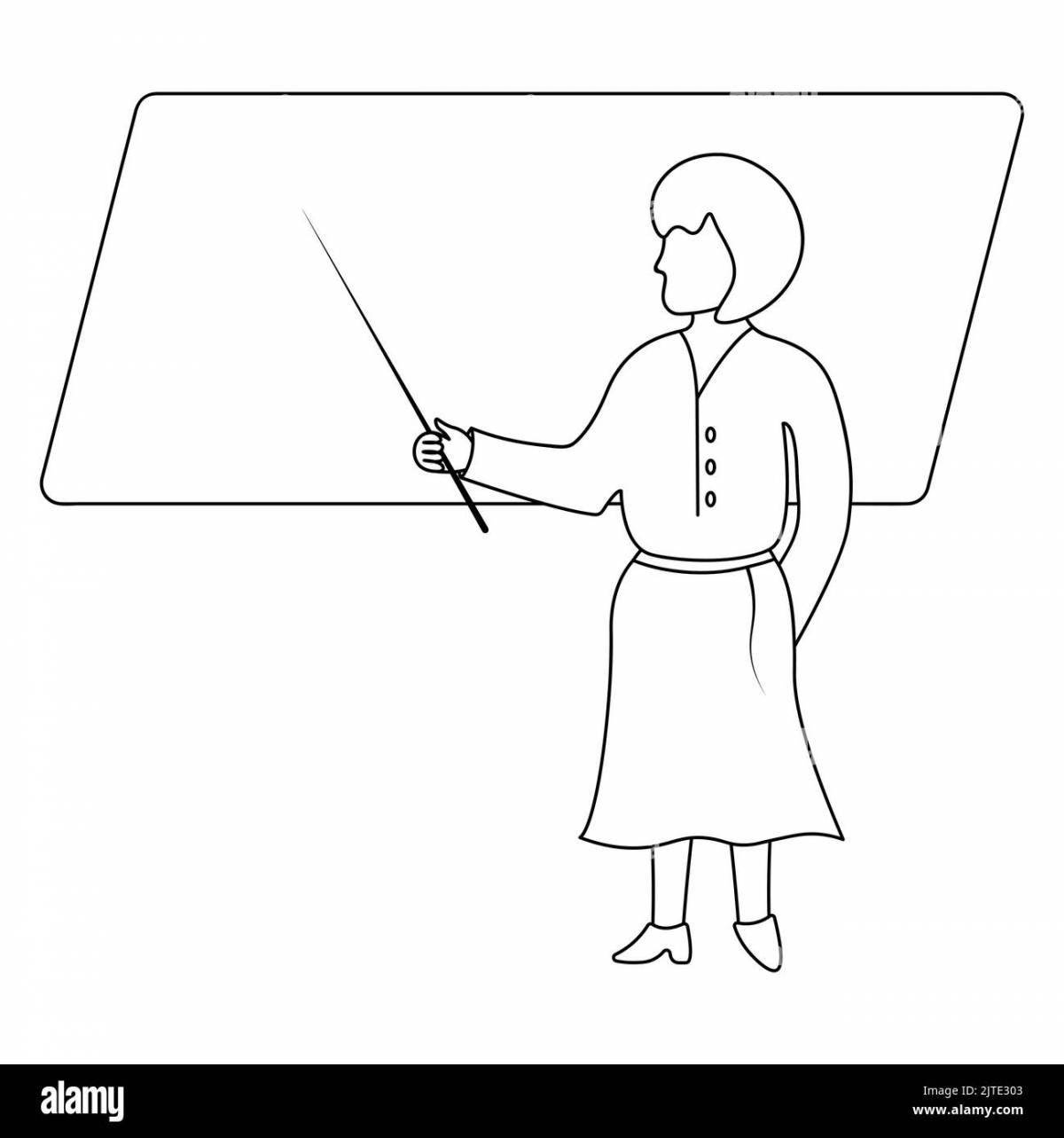 Cheerful teacher at the blackboard with a pointer