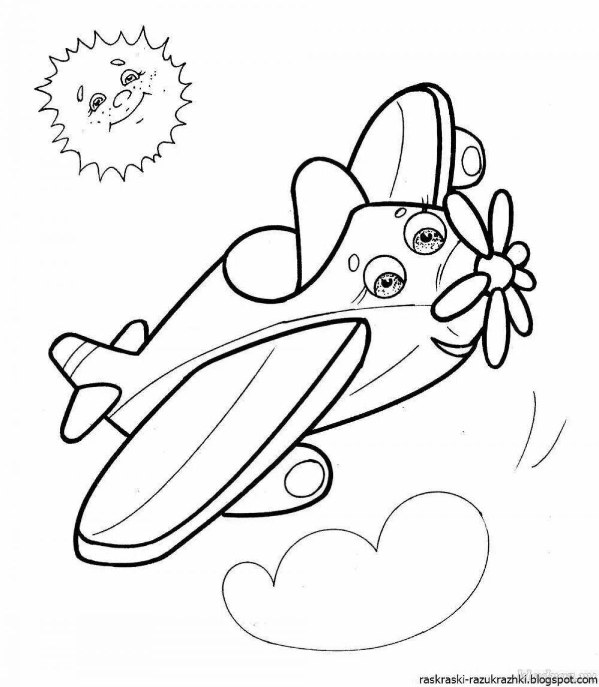 Airplane coloring page with colored splashes for kids