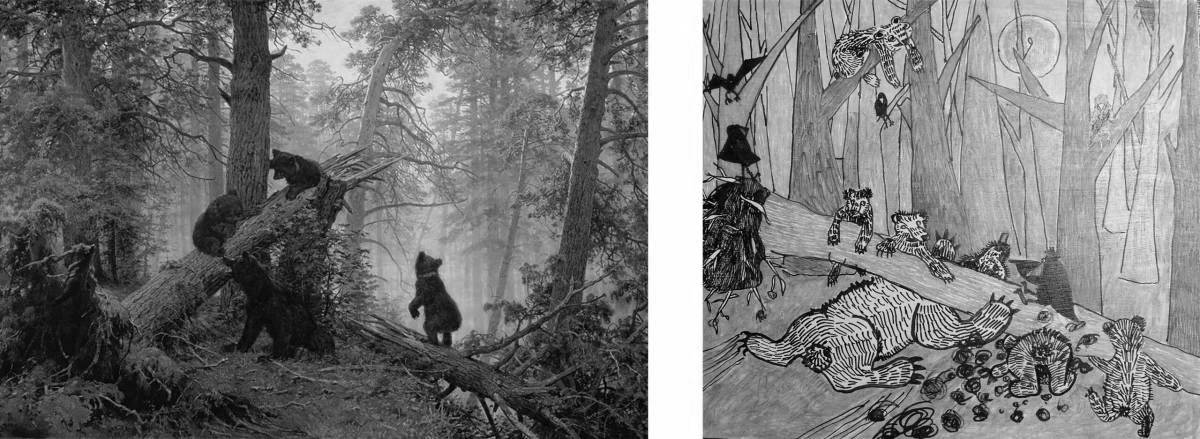 Photo Glowing morning in the pine forest shishkin