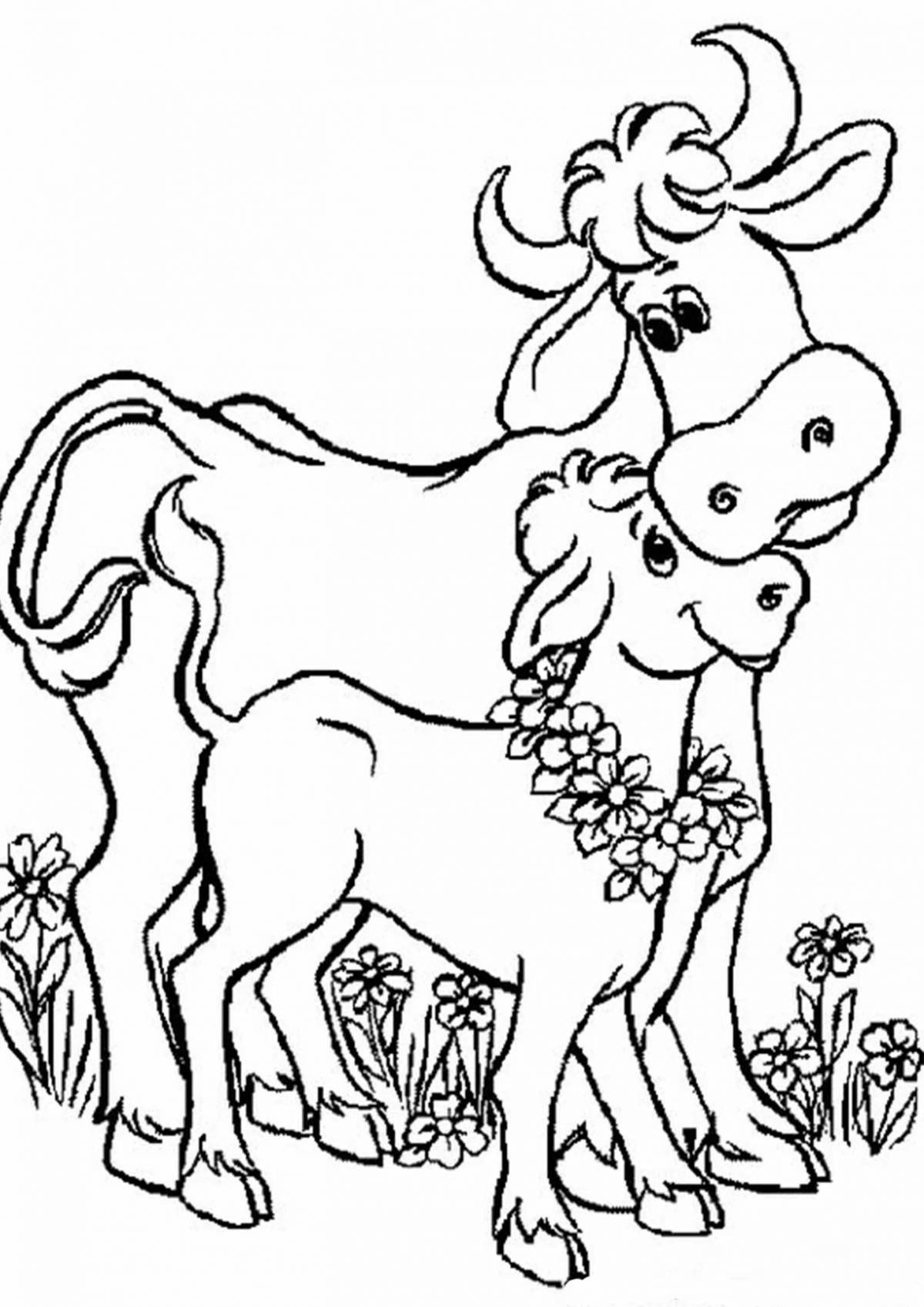 Happy cow and calf coloring page