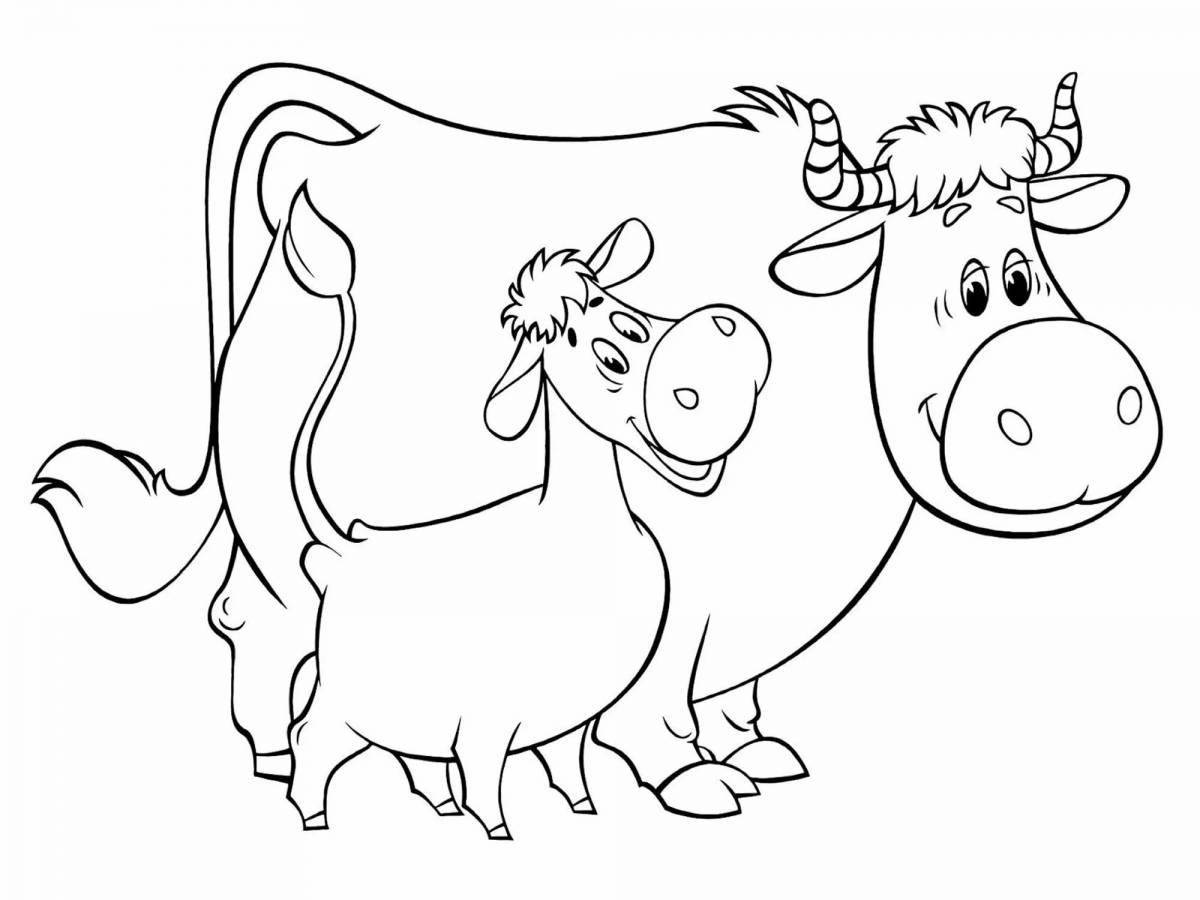 Цветная яркая страница раскраски коровы и теленка