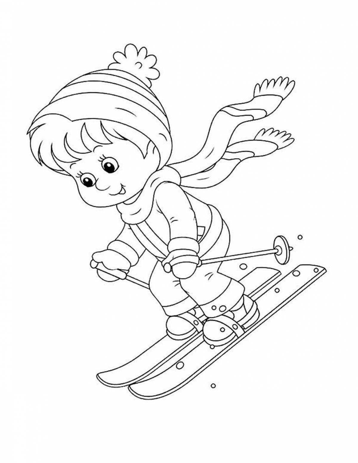 Joyful coloring book for children on skis