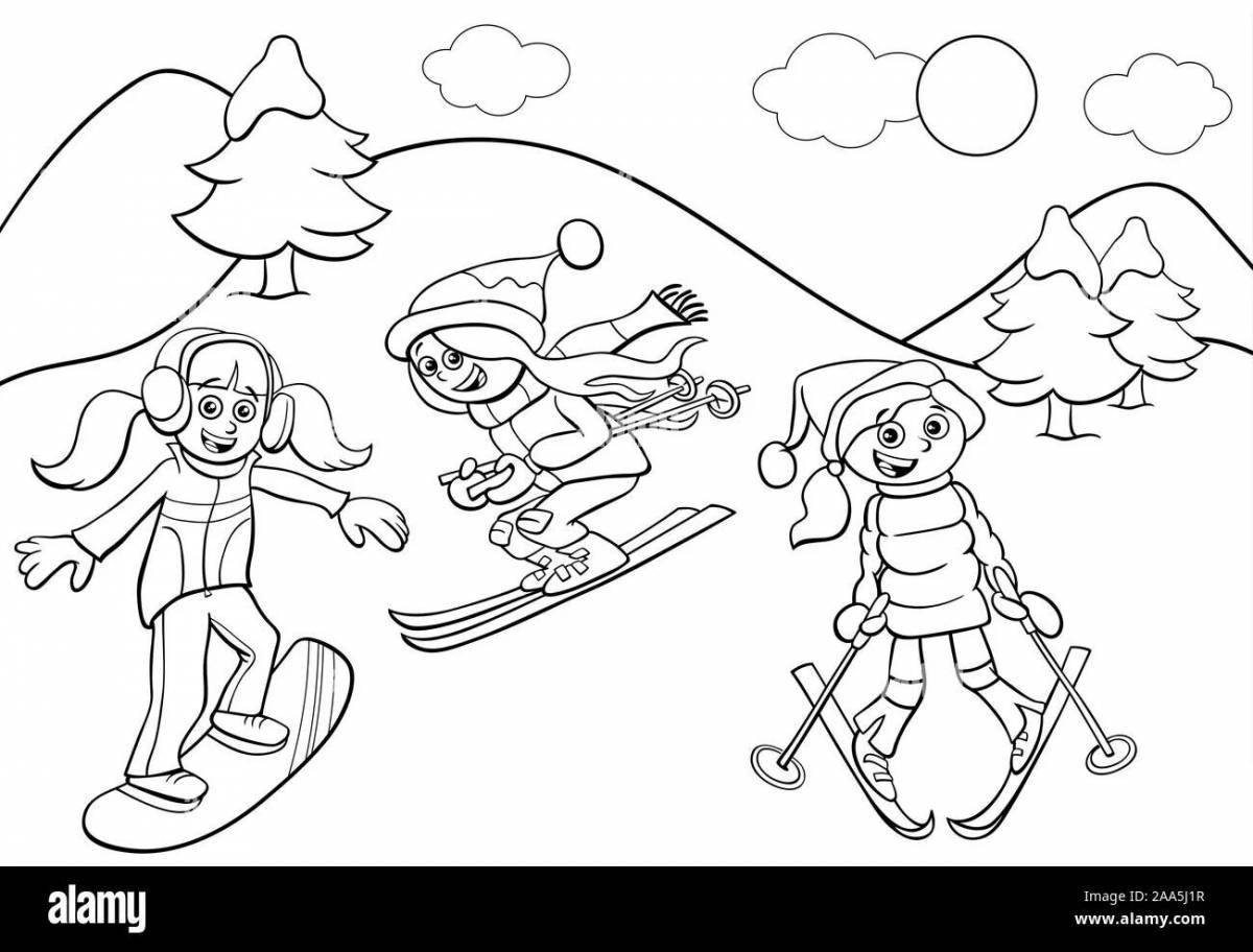 Fun coloring book for kids on skis