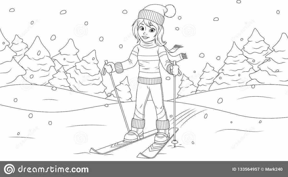 Веселая раскраска на лыжах для дошкольников
