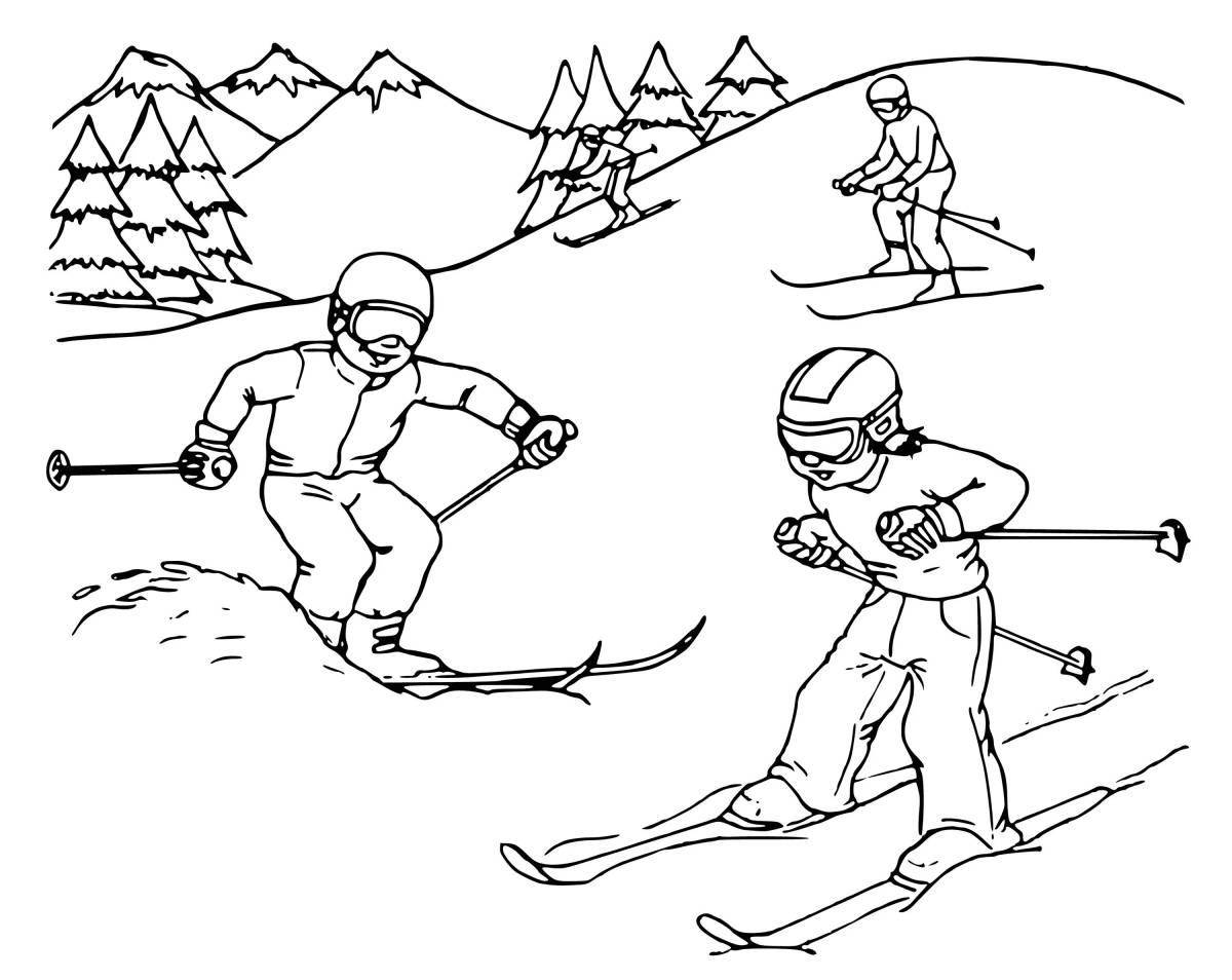 Великолепная раскраска для детей на лыжах