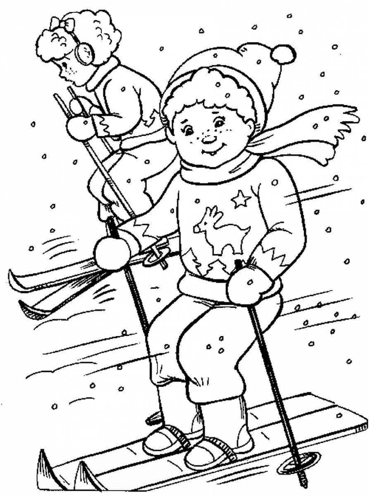 Удивительная раскраска для дошкольников: катание на лыжах