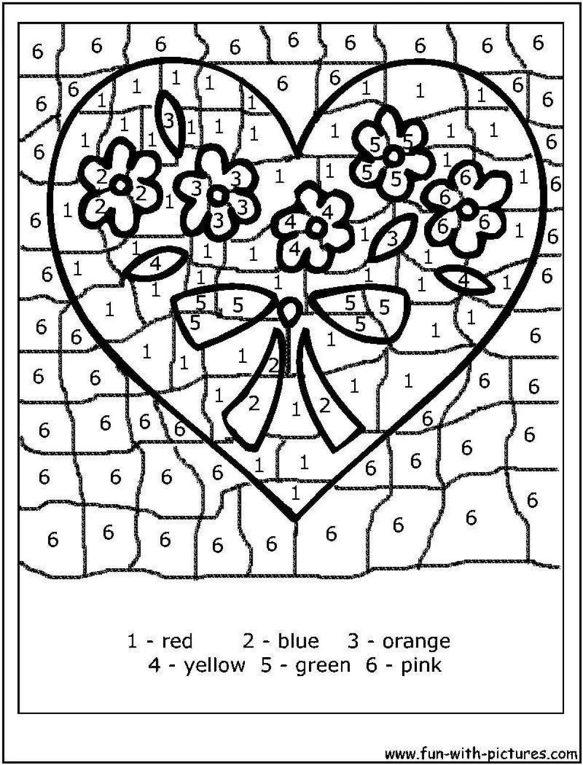 Color-crazy heart number game coloring page